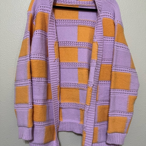 DAVI & DANI Sweaters - DAVI & DANI Lavender and Mustard Check Open Cardigan